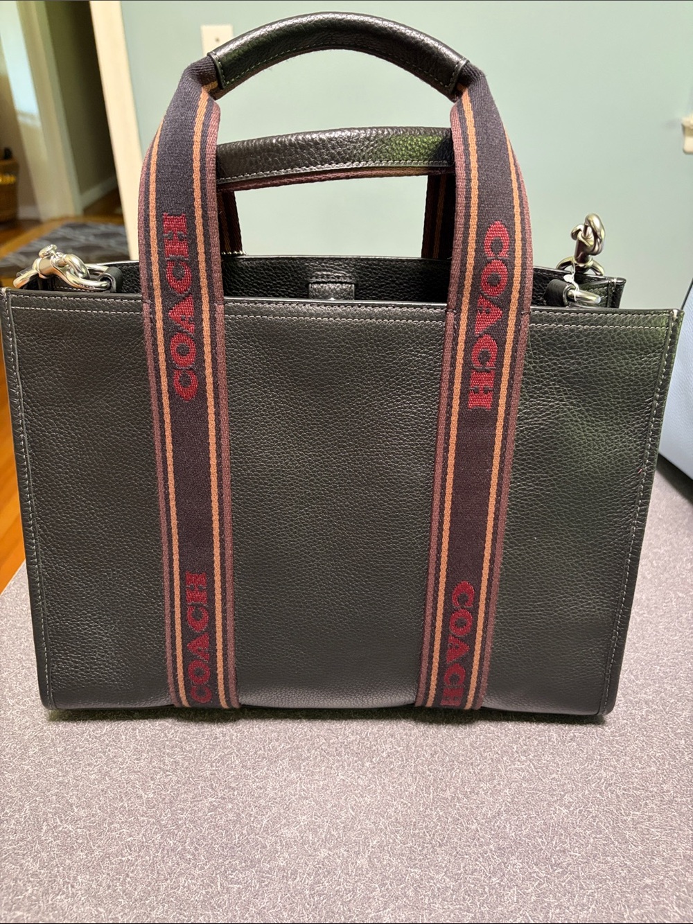 Coach Black Leather Briefcase with Brown and Red Branded Web Straps